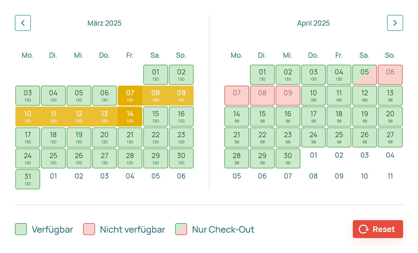 Screenshot eines interaktiven Buchungskalenders