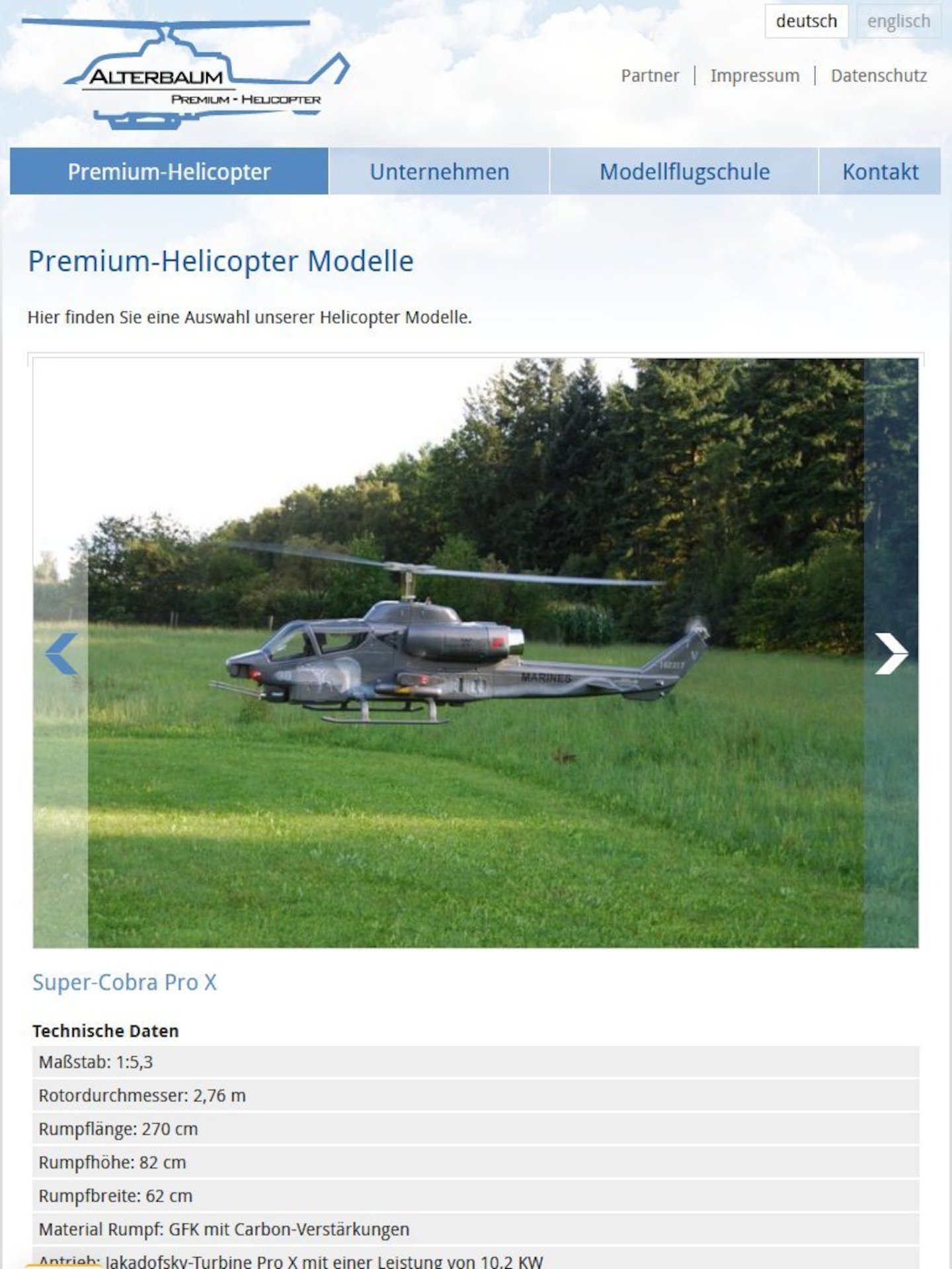 Tablet Screenshot der Website von: Alterbaum Premium-Helicopter