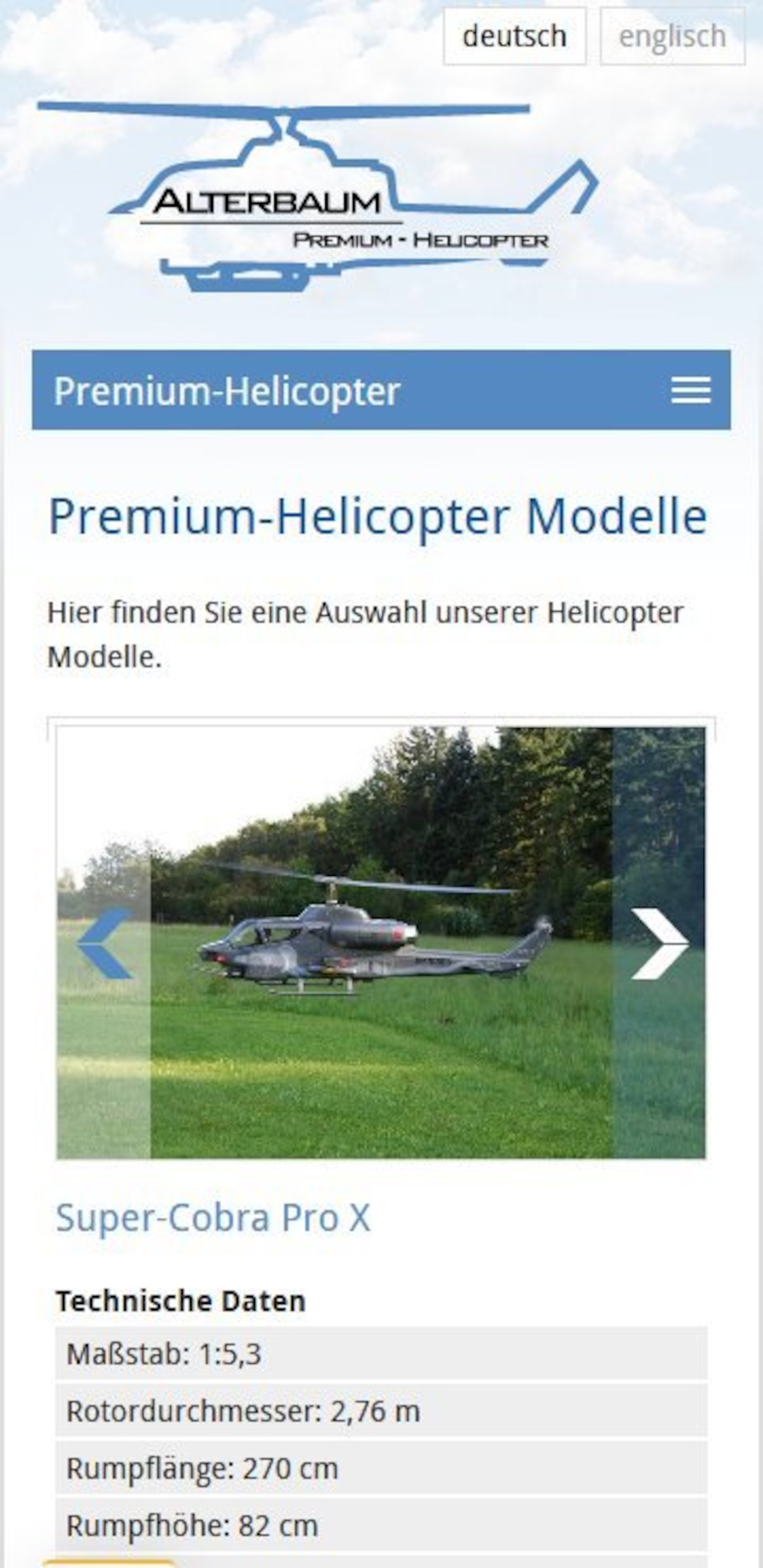 Smartphone Screenshot der Website von: Alterbaum Premium-Helicopter