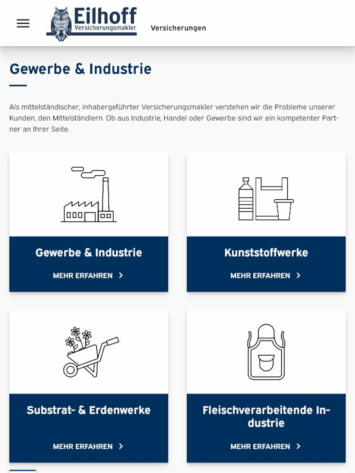 Tablet Screenshot der Website von: Eilhoff GmbH Versicherungsmakler