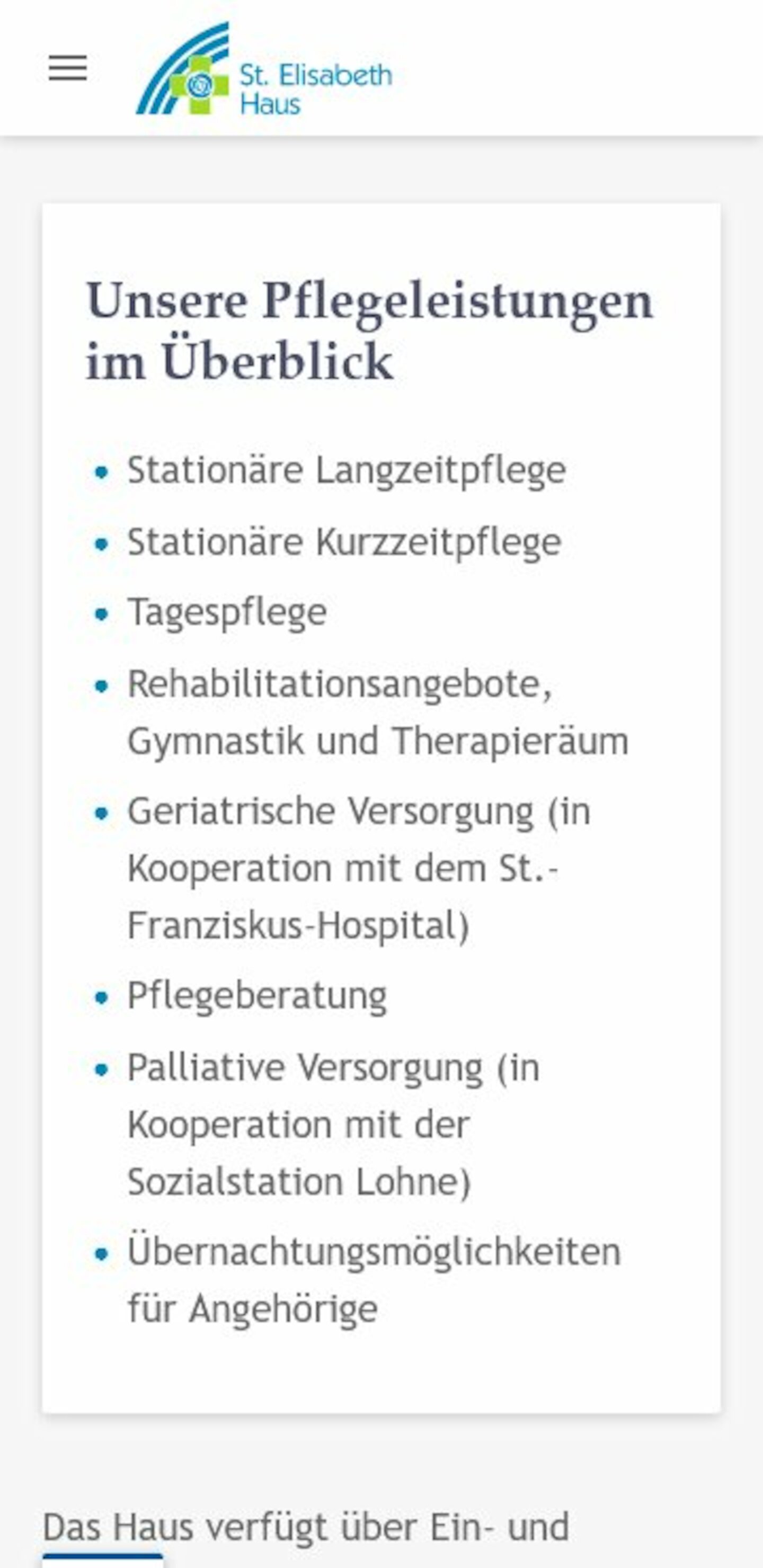 Smartphone Screenshot der Website von: St. Elisabeth Haus