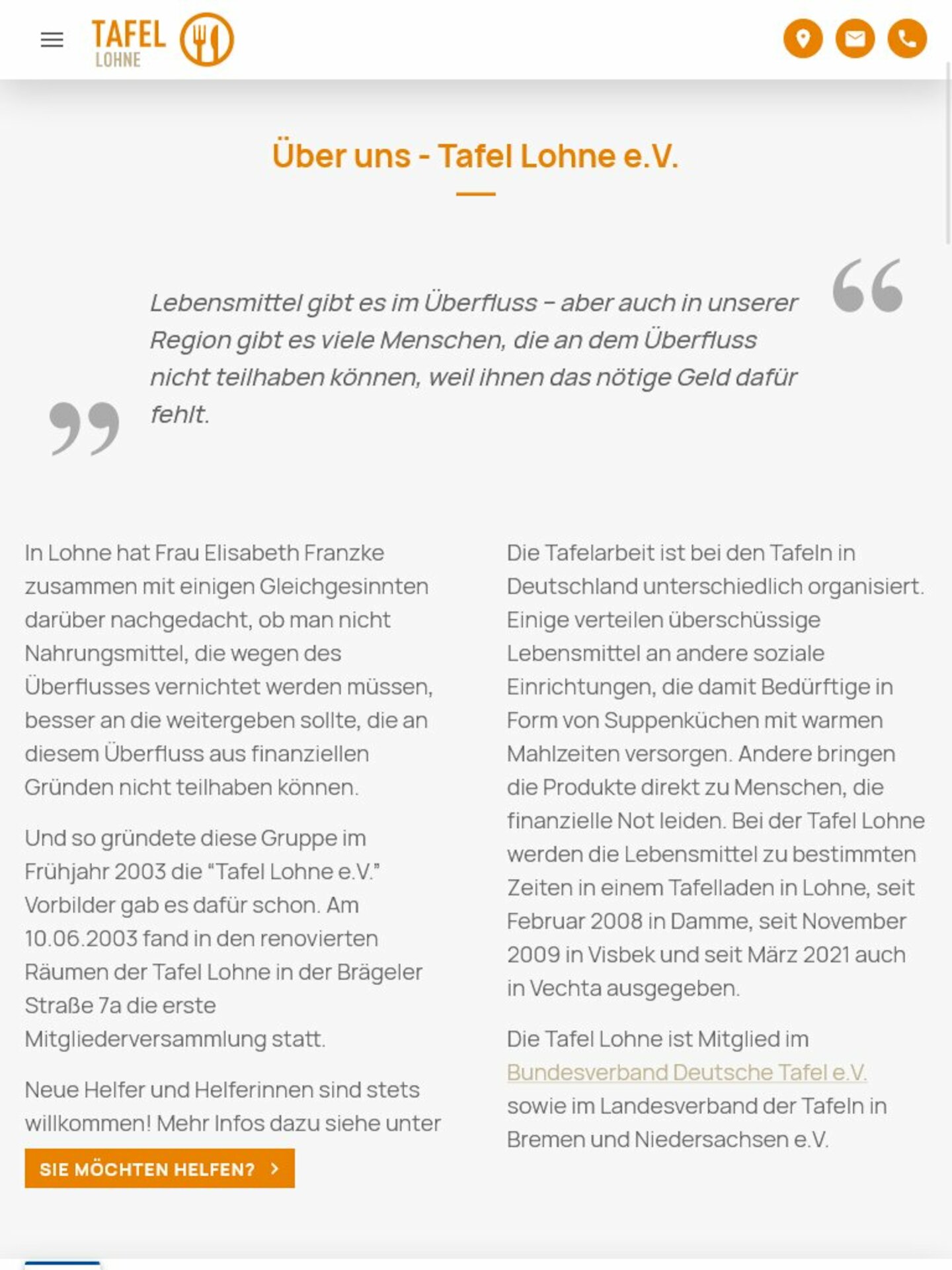 Tablet Screenshot der Website von: Tafel Lohne e.V.