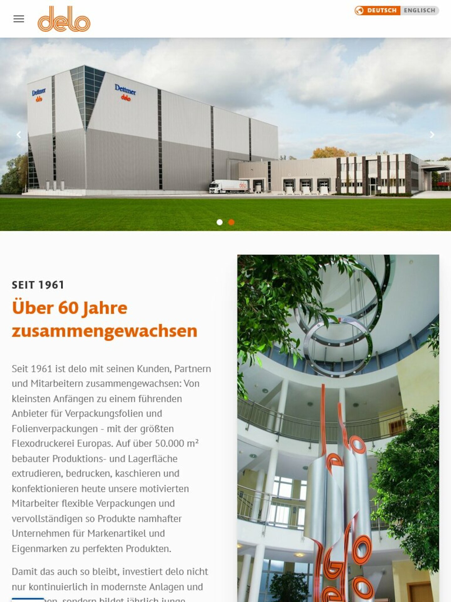 Tablet Screenshot der Website von: delo: Dettmer Verpackungen GmbH