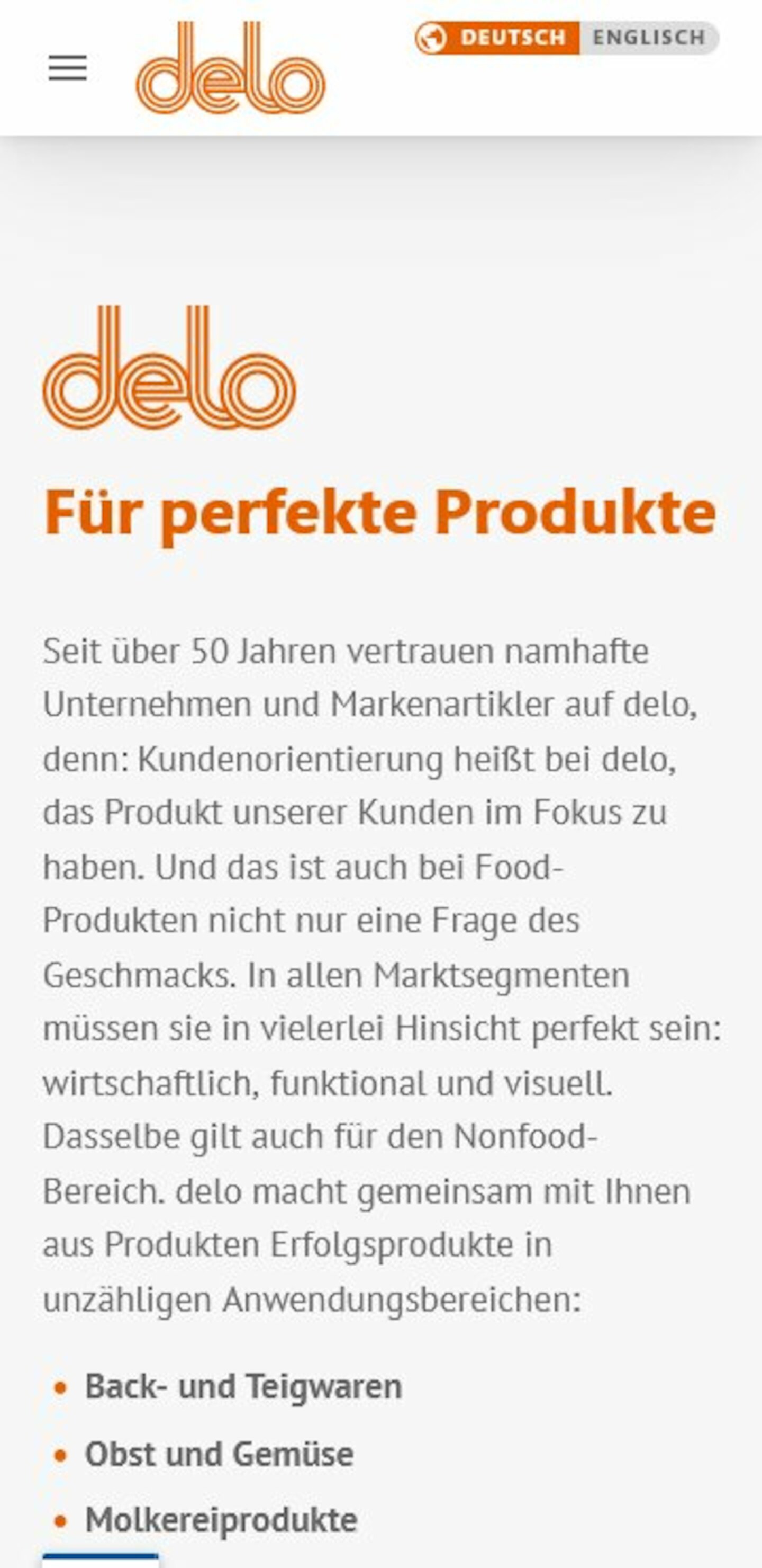Smartphone Screenshot der Website von: delo: Dettmer Verpackungen GmbH