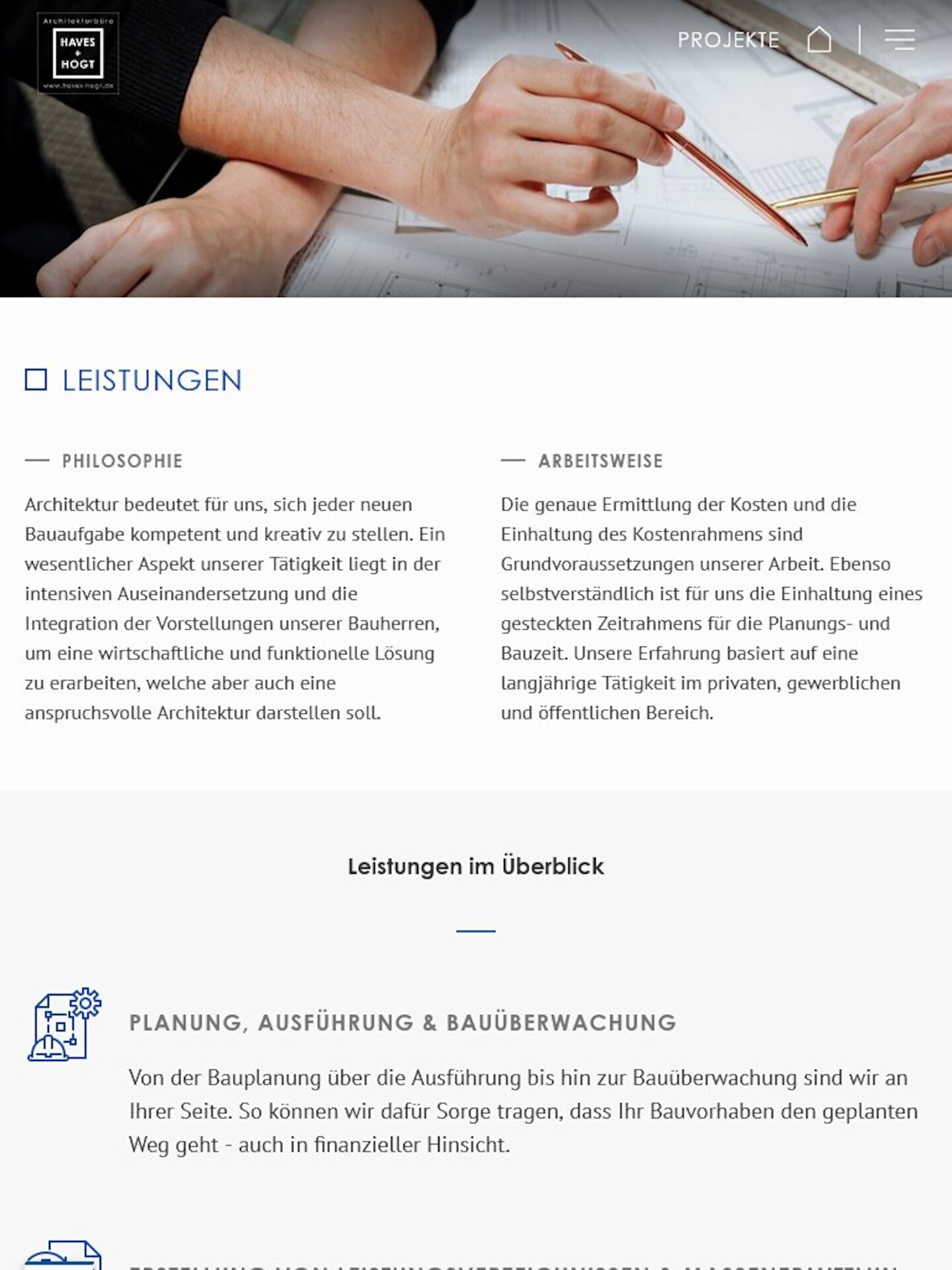 Tablet Screenshot der Website von: Architekturbüro Haves + Hogt