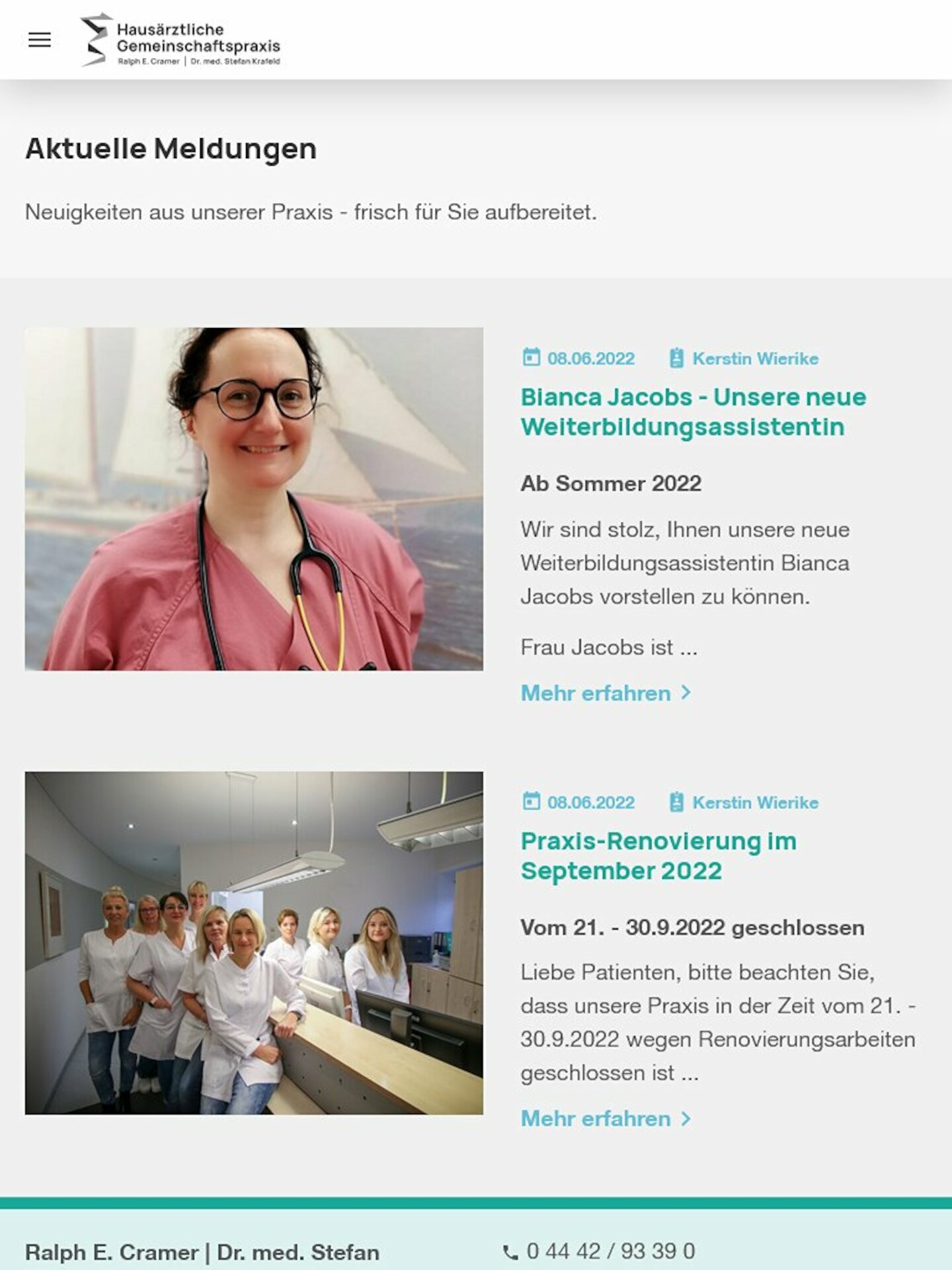 Tablet Screenshot der Website von: Hausarztpraxis Cramer / Dr. Krafeld