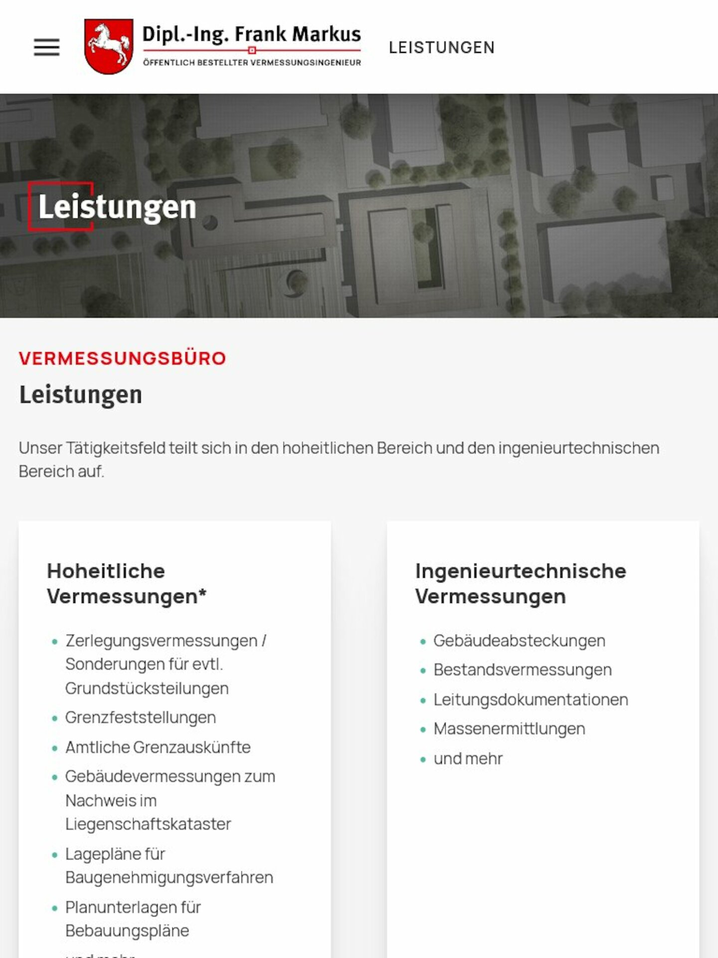 Tablet Screenshot der Website von: Vermessung Markus