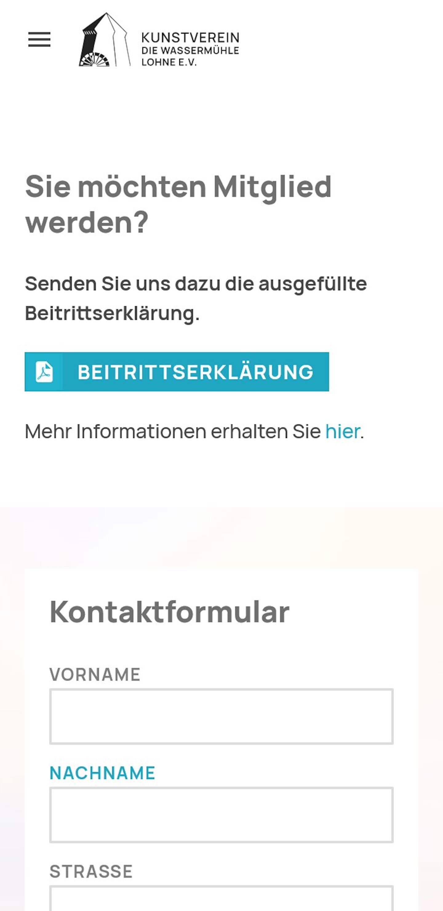 Smartphone Screenshot der Website von: Kunstverein Die Wassermühle