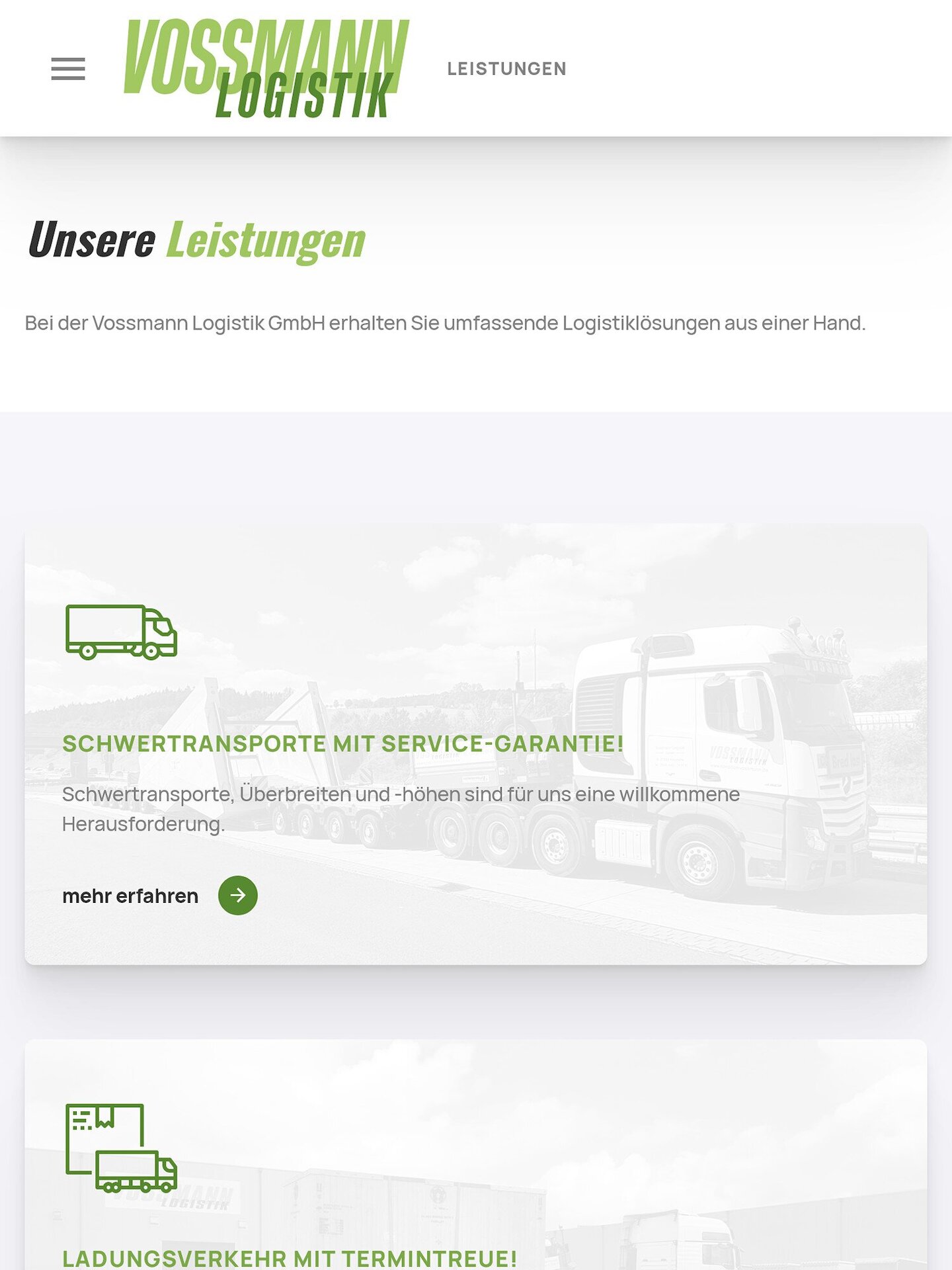 Tablet Screenshot der Website von: Vossmann Logistik