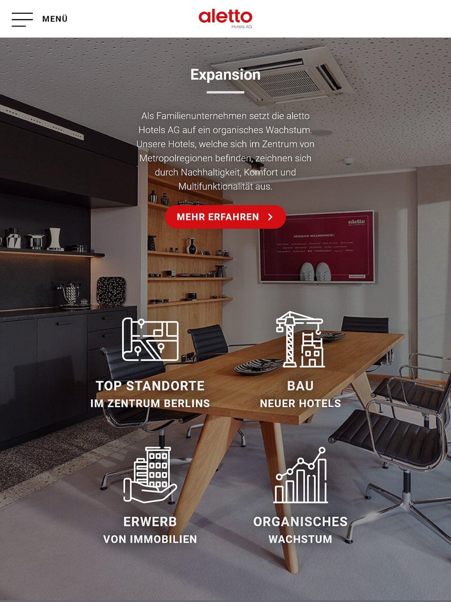 Tablet Screenshot der Website von: aletto Hotels AG