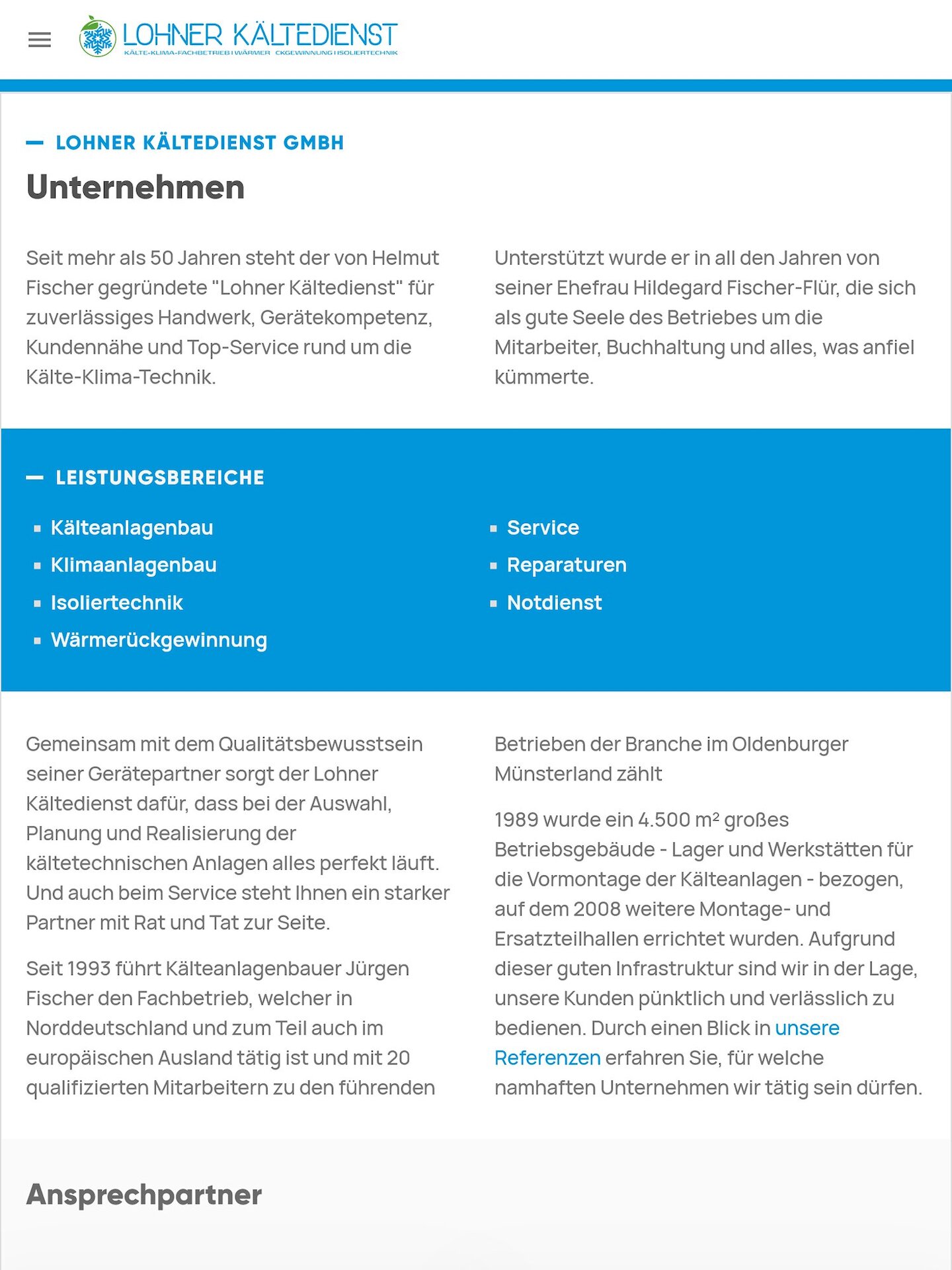 Tablet Screenshot der Website von: Lohner Kältedienst